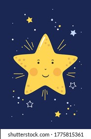 Little star with smiling face in the starry sky. Good night for kids. Poster for baby room. Childish print for nursery. Design can be used for greeting card, baby shower. Vector illustration.