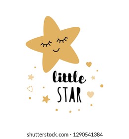 Little star text with cute gold star hearts for decoration kids room wall baby shower card template Cute poster Vector illustration. Banner for children birthday design, logo, label, sign, print.