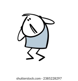 Little stickman boy got scared, covered ears with hands and hides. Vector illustration of poor guy running from psychological attack of loud sounds.Cartoon character isolated on white.