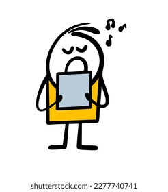 Little stickman boy hold a sheet of paper with musical notes and sing a song in children chorus. Vector illustration of stick figure singer at work on the stage in theatre.