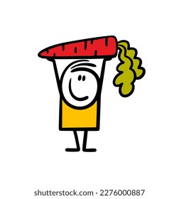 Little stickman holds a big fresh carrot from ecological summer garden. Vector illustration of cartoon boy with fresh vegetable.