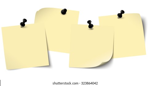 little sticky papers in a row with colored pin needles and free copy space