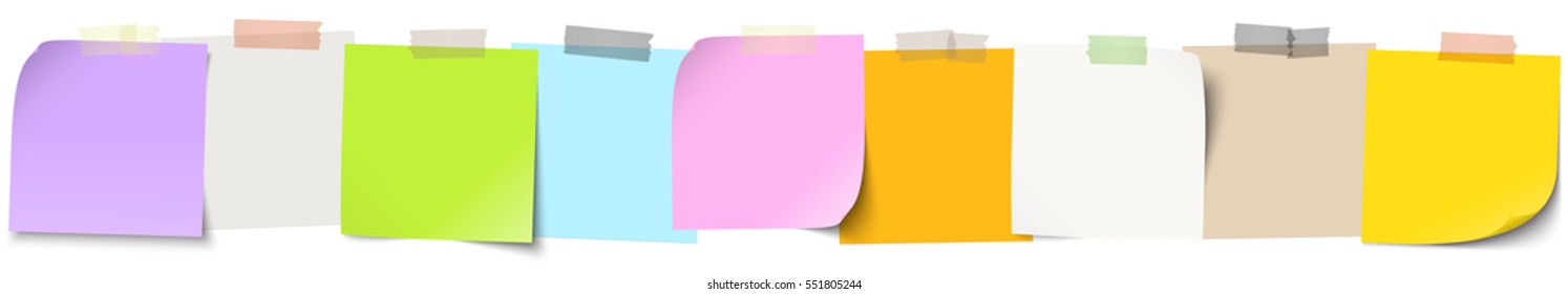 little sticky papers in a row with colored adhesive tape and free copy space