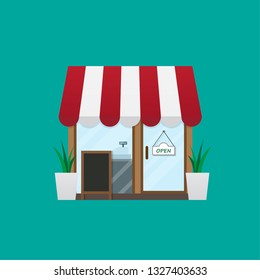 Little store shop front entrance with chalkboard, coffee shop or boutique, vector illustration