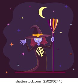 little strange witch monster in violet hat with colorful magic broom on the dark background.monster halloween in flat simple style.one creature for halloween illustrations, cards, invitations, posters