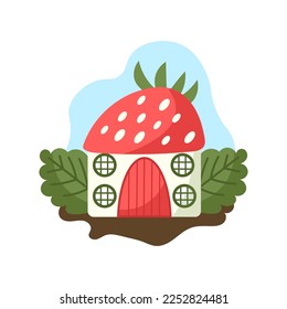 Little strawberry house. Cute house with strawberry roof. Isolated vector illustration in flat style for strawberry taste products, children, kids