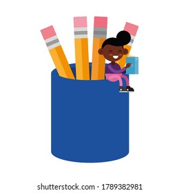 little student afro boy seated in pencil holders comic character vector illustration design