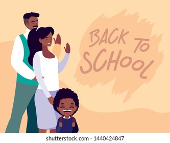 little student boy afro with parents in poster back to school