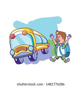 little student boy with bag education and bus transportation