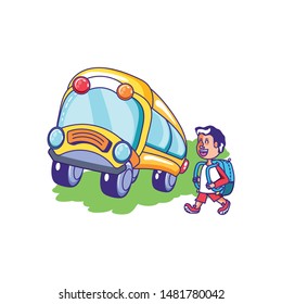 little student boy with bag education and bus transportation