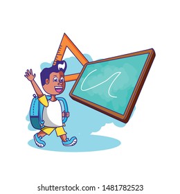little student boy with bag school and board classroom