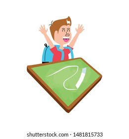 little student boy with bag school and board classroom