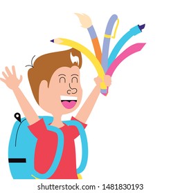 little student boy with bag school and set of pencils