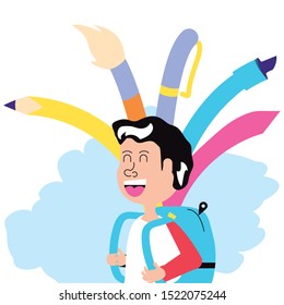 little student boy with bag school and set of pencils vector illustration design