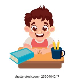 little student boy with book and pencils holder character