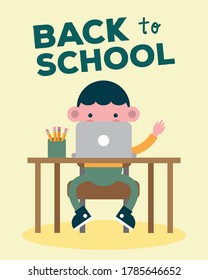 little student boy in desk using laptop comic character vector illustration design