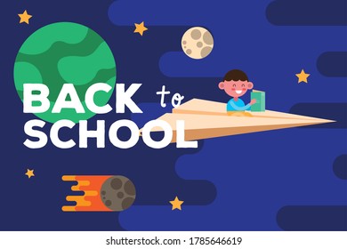 little student boy flying in paper airplane comic character vector illustration design