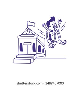 little student boy with school building