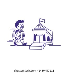 little student boy with school building