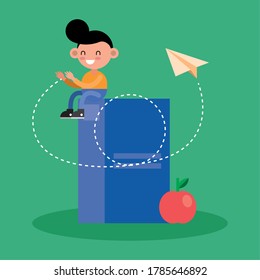 niño pequeño estudiante sentado en un diseño de ilustración vectorial de caracter cómico de libro