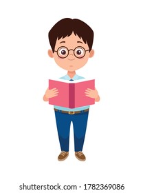 little student boy with uniform reading book character vector illustration design