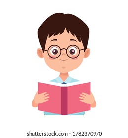 little student boy with uniform reading book character vector illustration design