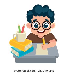 little student boy writing character isolated