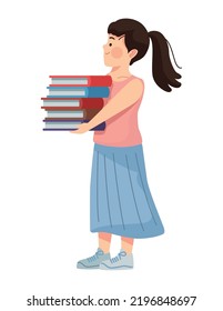 little student girl with books character