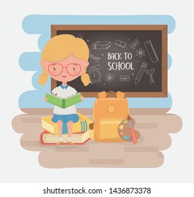little student girl with chalkboard and school supplies