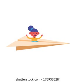 little student girl flying in paper airplane comic character vector illustration design