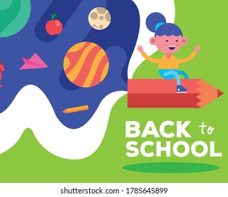 little student girl flying in pencil comic character vector illustration design