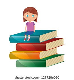 little student girl with pile books character