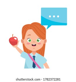 little student girl with uniform and apple character vector illustration design