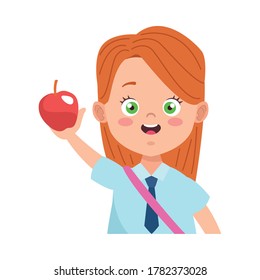 little student girl with uniform and apple character vector illustration design