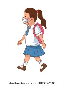 little student girl wearing medical mask walking vector illustration design