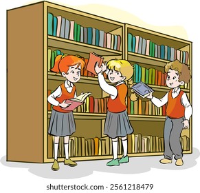 little student and her friends take a book from the library