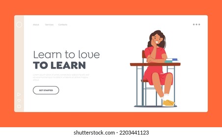 Little Student Landing Page Template. Back to School, Primary Education Concept. Kid Student in School Classroom, Schoolgirl Character Sitting at Desk Listening Lesson, Cartoon Vector Illustration