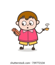 Little Student Reading Book With Coffee - Cute Cartoon Fat Kid Illustration