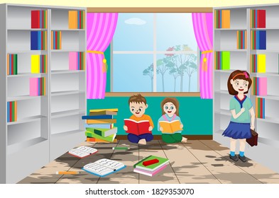 little student reading in library vector design