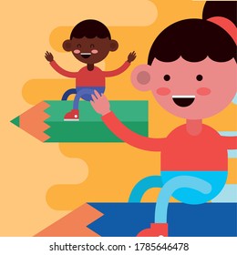 niños pequeños estudiantes volando en lápices personajes cómicos diseño de ilustraciones vectoriales