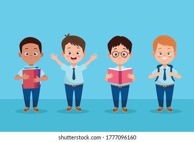 little students boys with uniforms characters vector illustration design
