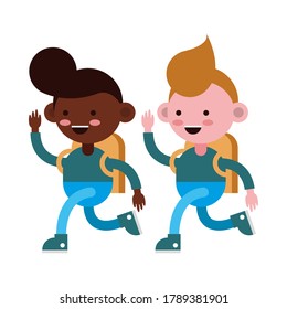 little students boys walking comic characters vector illustration design