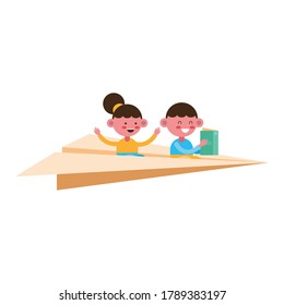 little students couple flying in paper airplanet comic characters vector illustration design