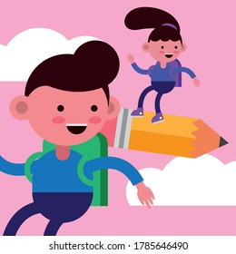little students couple in pencil comic characters vector illustration design