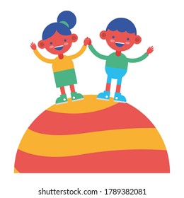 pequeña pareja de estudiantes en el planeta caracteres de historieta diseño de ilustraciones vectoriales