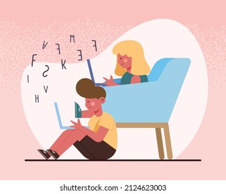 pareja de estudiantes pequeños usando elearning de laptops