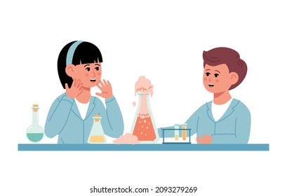 Little Students Doing Chemical Experiment. Chemistry laboratory. Little boy and girl scientist in classroom at chemistry lesson. School chemical laboratory with glass flask and test tubes. 