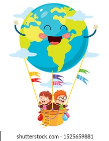 Little Students Flying With Planet Earth Balloon
