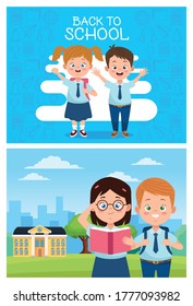 little students group with uniforms in the school characters vector illustration design