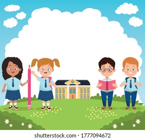 little students group with uniforms in the school characters vector illustration design